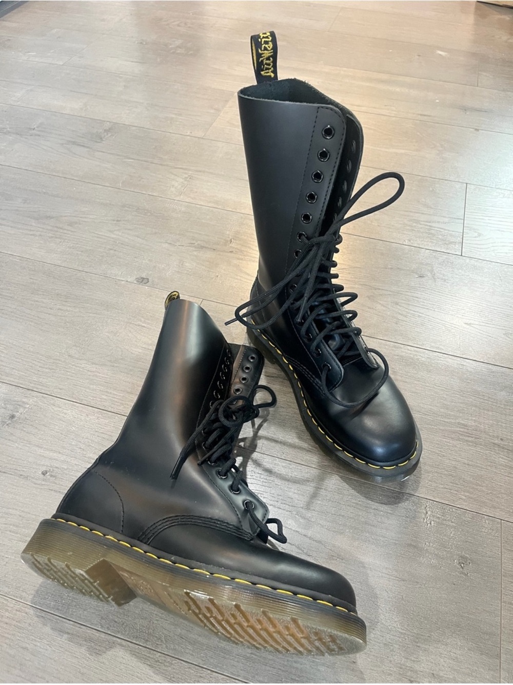 Dr. Martens Black Leather Lace-Up Combat Boots with Yellow Stitching - Picture 3 of 3
